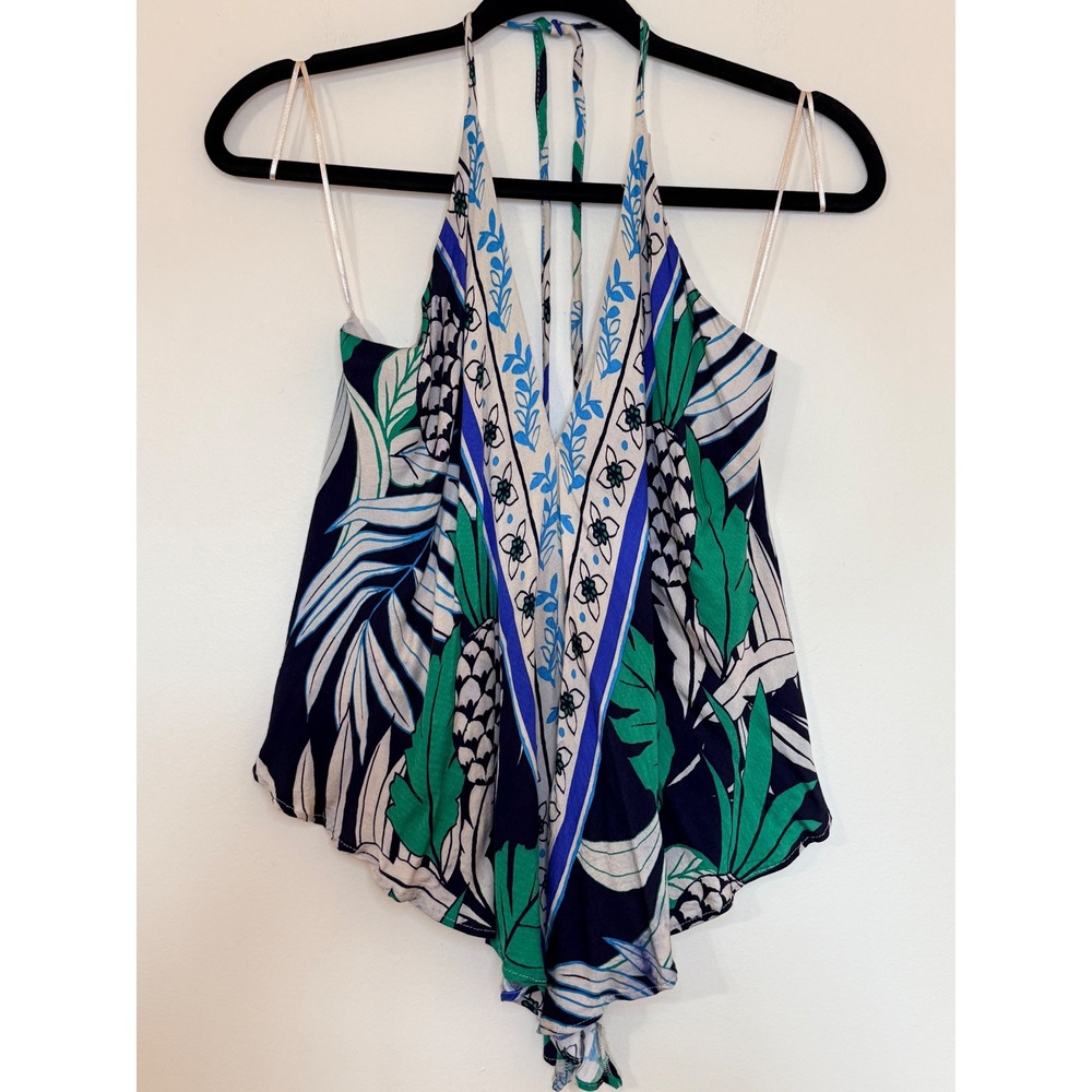 VICI Tropical Palm Floral Halter Handkerchief Top Navy Blue Green Medium